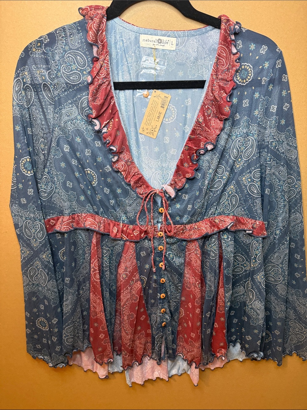 NATURAL LIFE Blue and Rust Paisley Ruffle V-Neck Tie-Front Blouse Mesh Flowy New